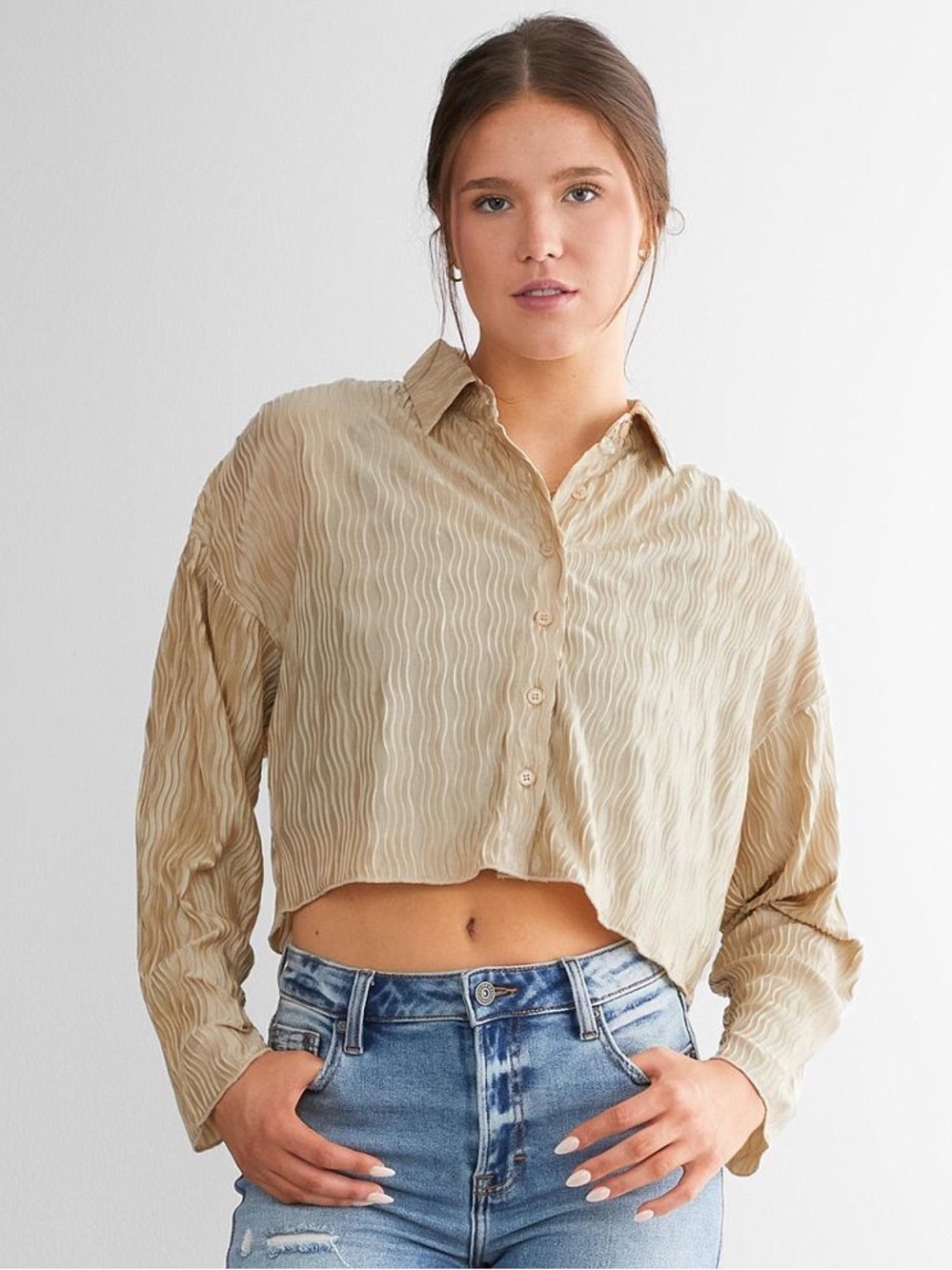Blue Blush Cream Wave-Texture Button Front Blouse